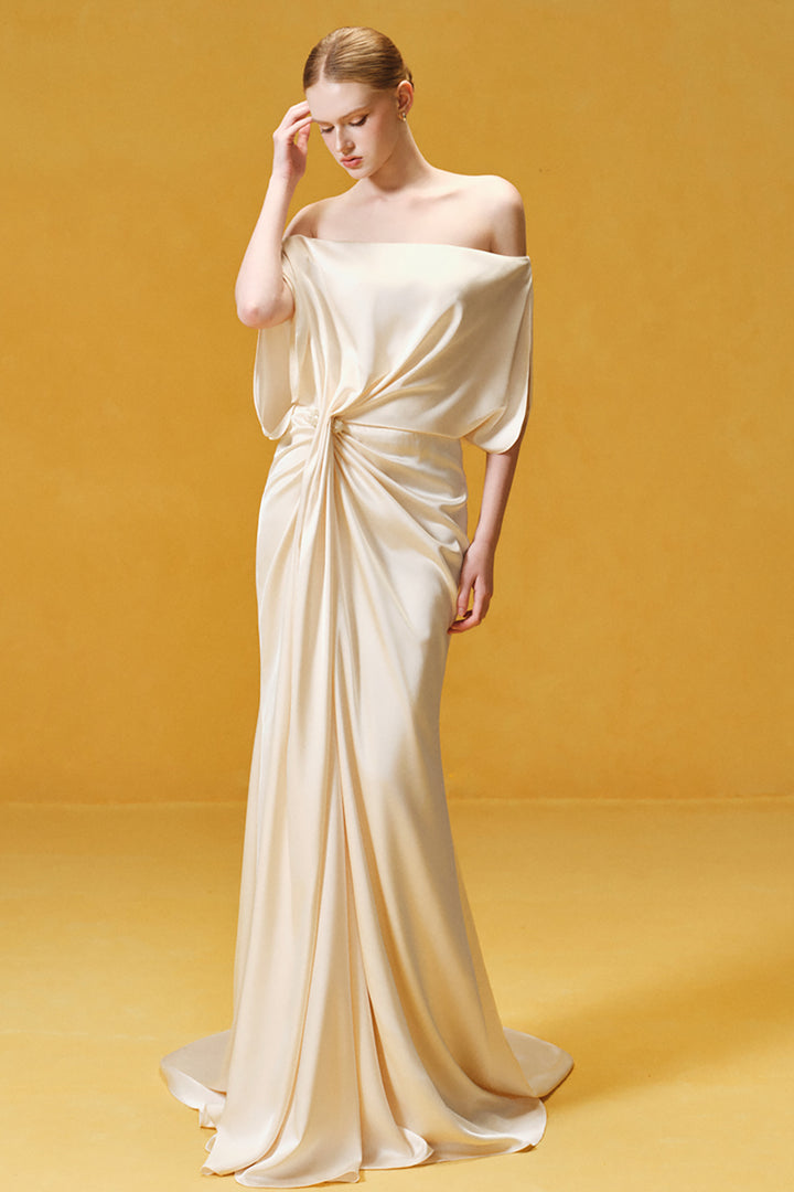 Off-the-Shoulder with Hand-Draped Satin Dress