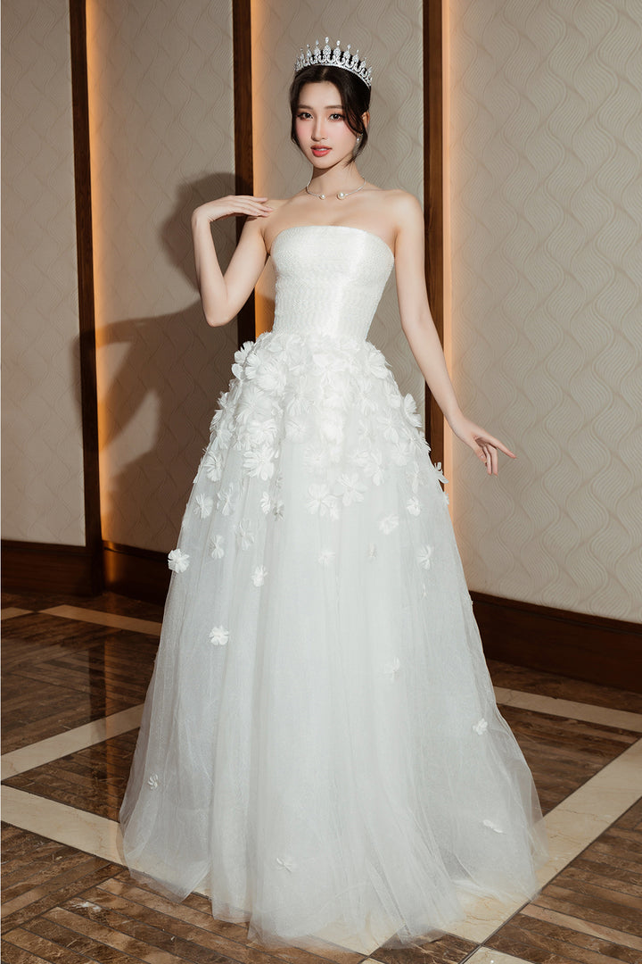 Strapless Tulle Gown with Floral Motifs