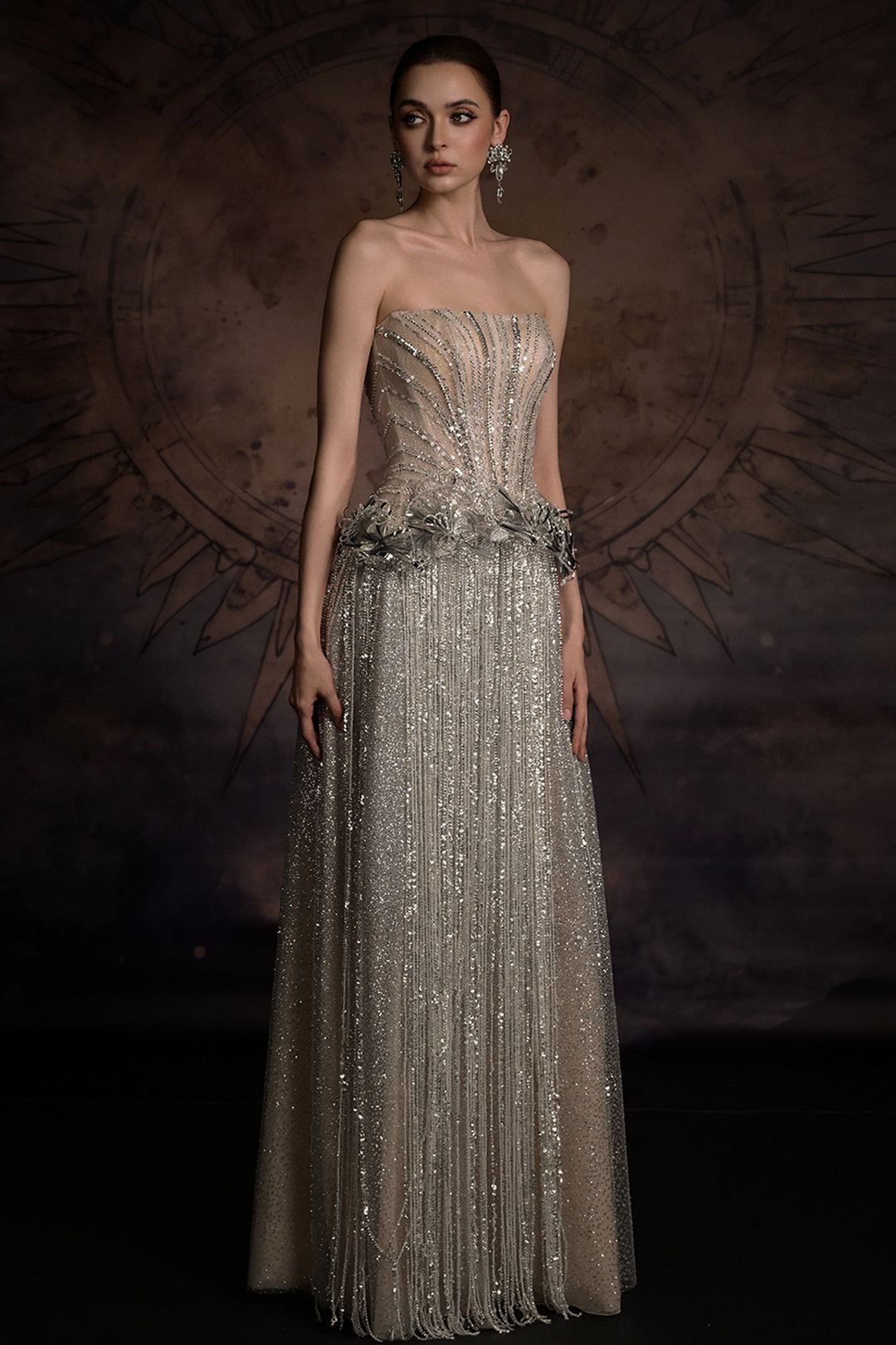 Crystal-Embellished Fringe Column Dress