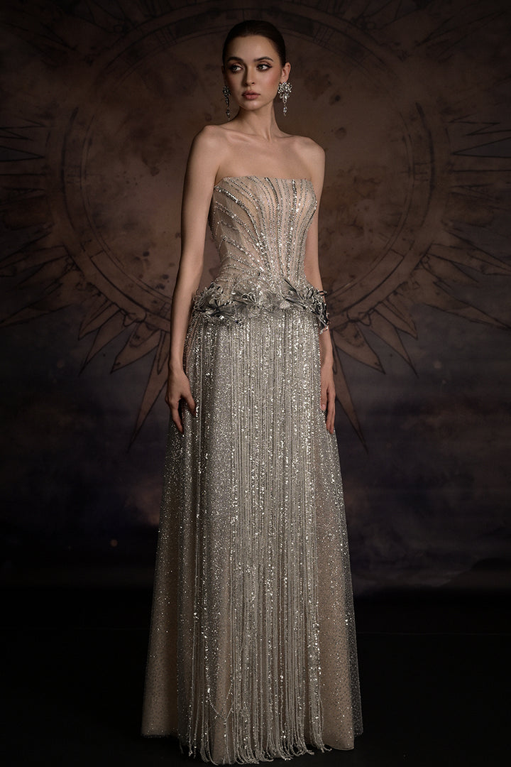 Crystal-Embellished Fringe Column Dress
