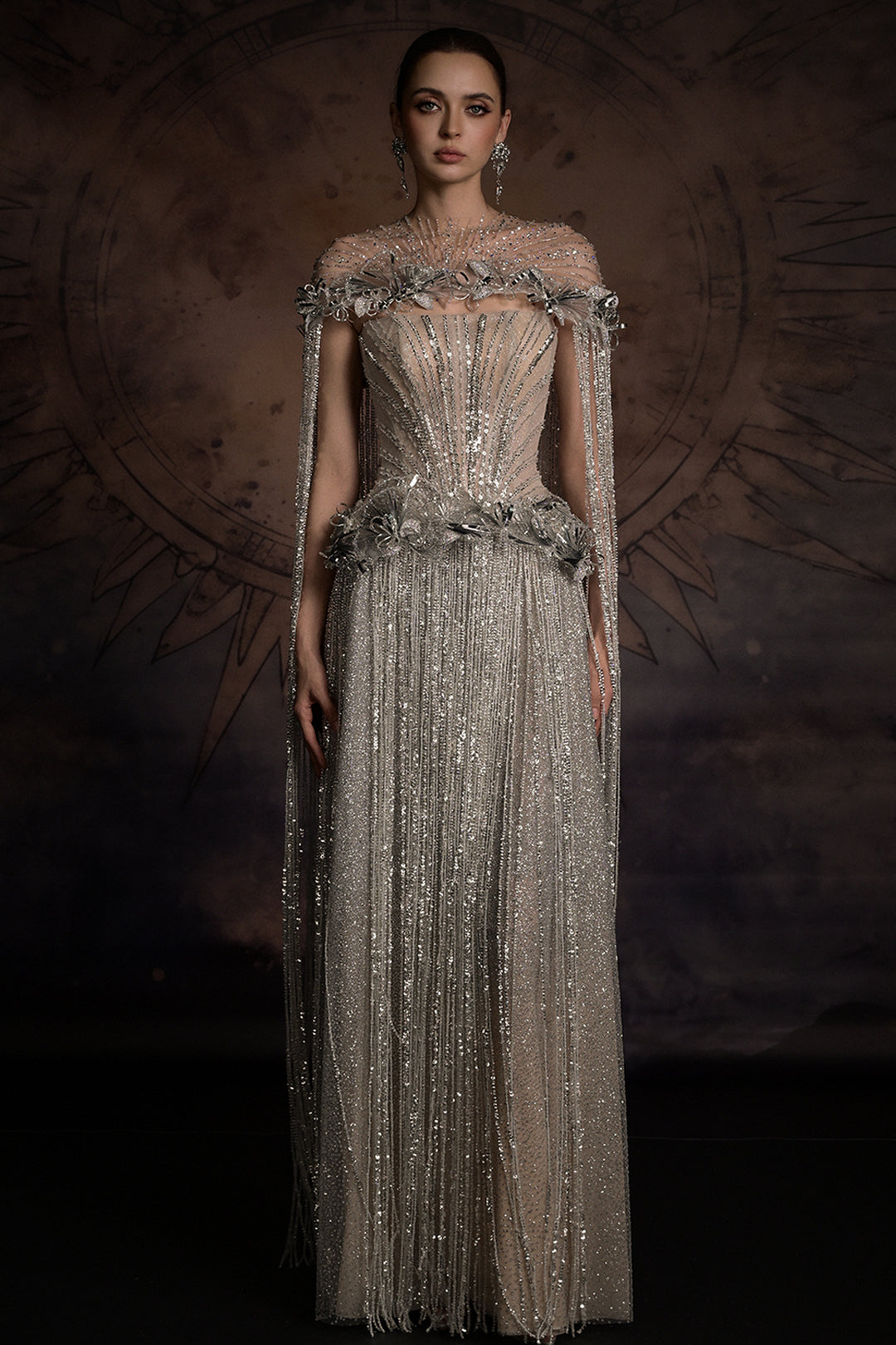Crystal-Embellished Fringe Column Dress
