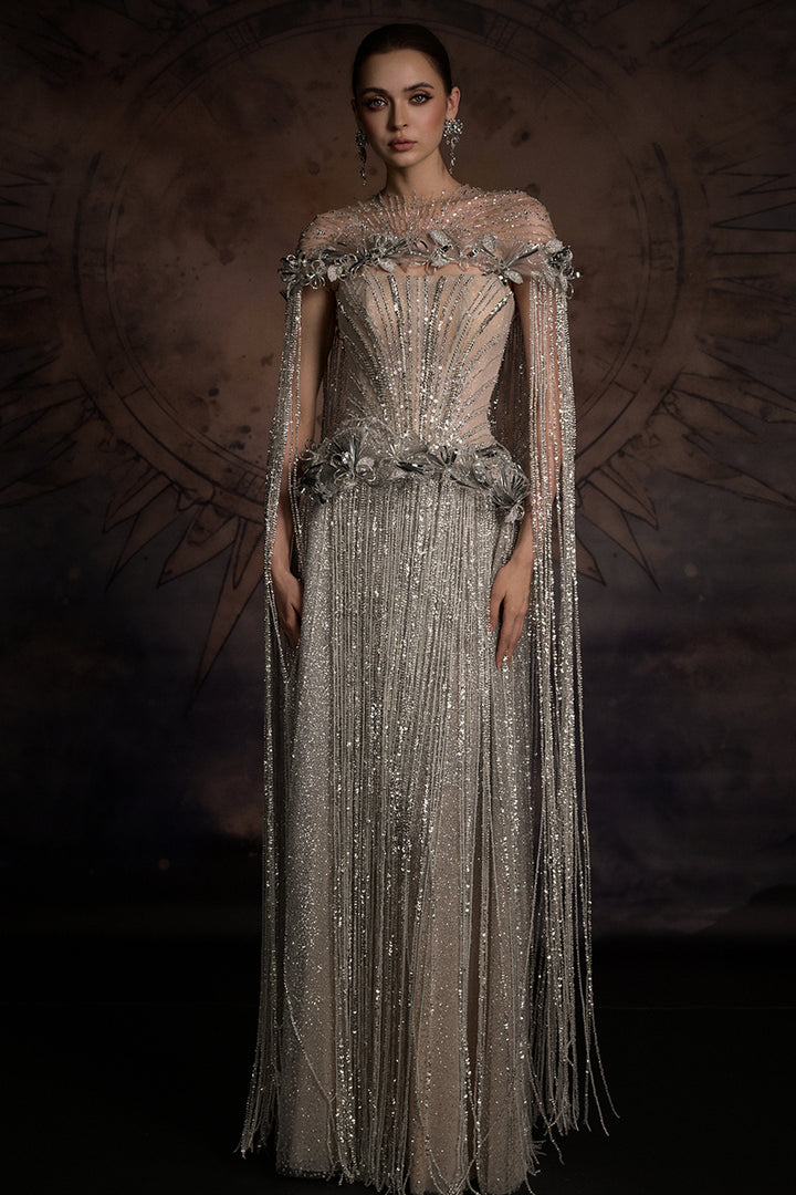 Crystal-Embellished Fringe Column Dress