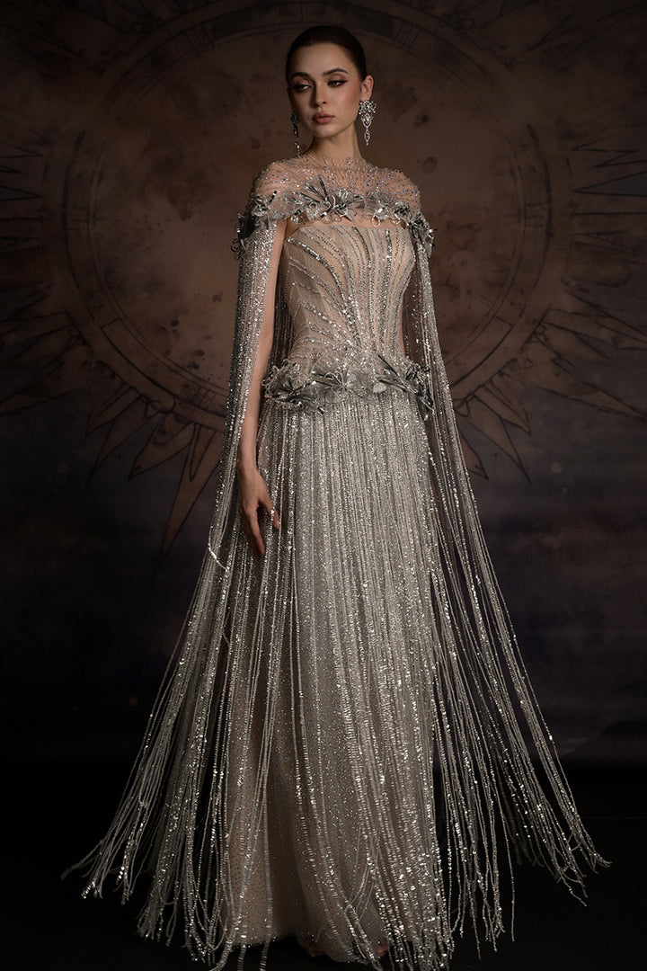 Crystal-Embellished Fringe Column Dress