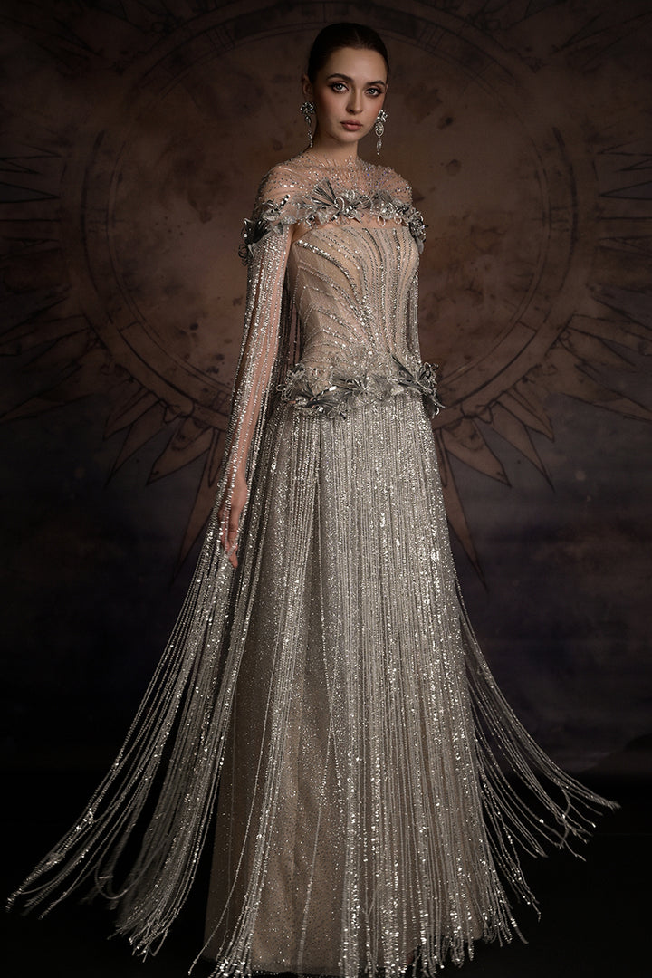 Crystal-Embellished Fringe Column Dress