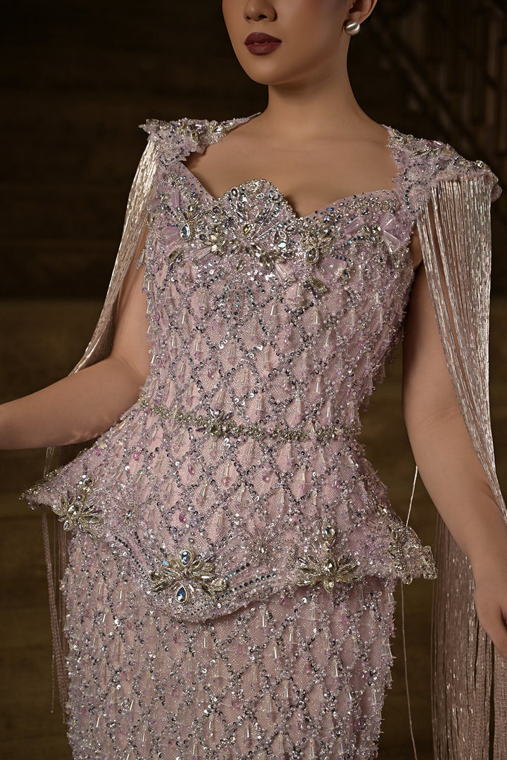 Beaded Crystal Peplum with Long Dress
