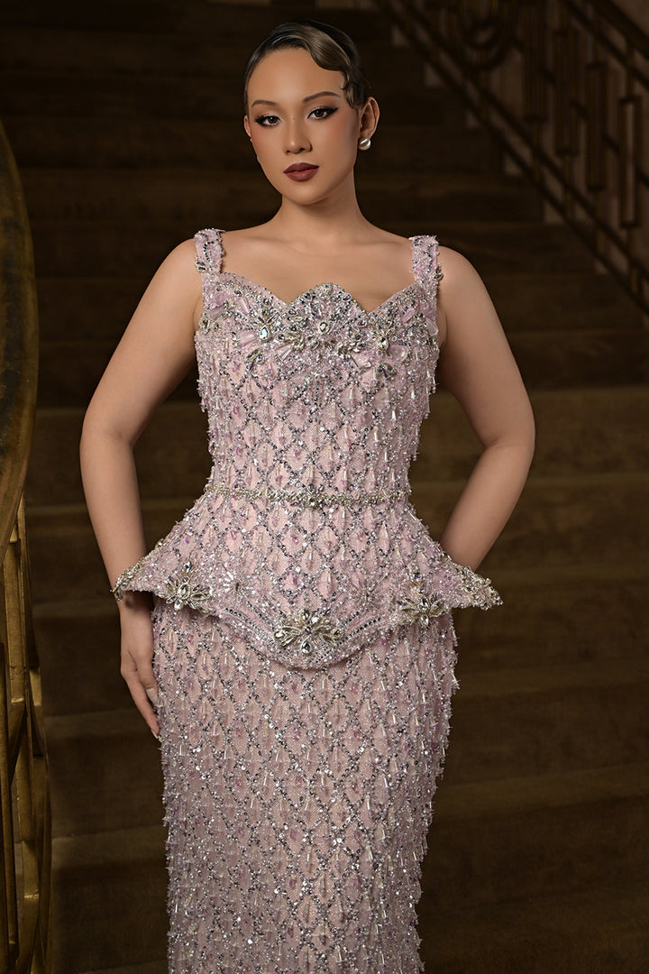 Beaded Crystal Peplum with Long Dress