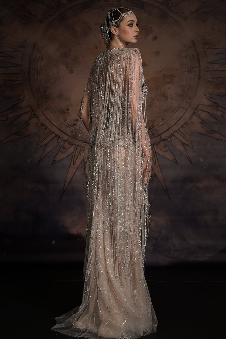 Strapless Art Deco Dress with Beaded Fringe Cape
