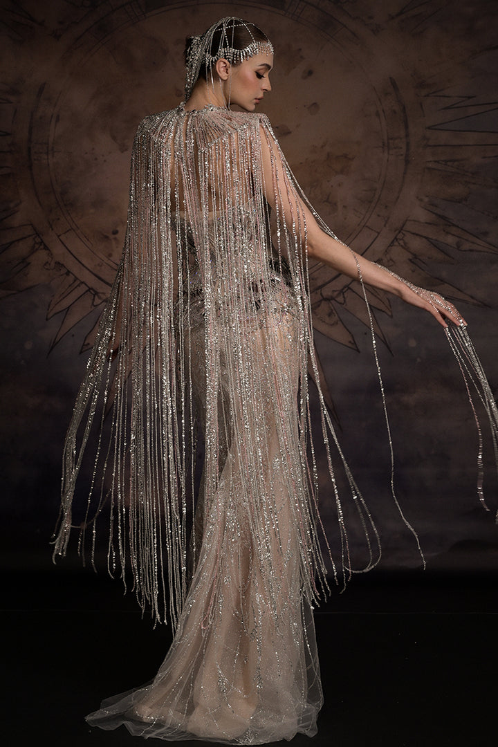 Strapless Art Deco Dress with Beaded Fringe Cape