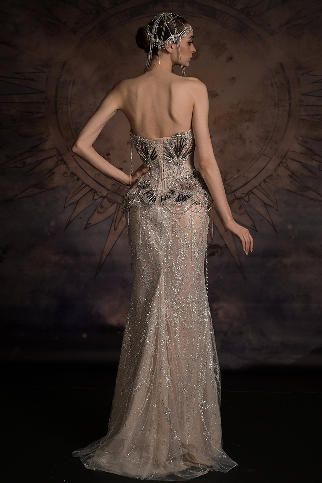 Strapless Art Deco Dress with Beaded Fringe Cape