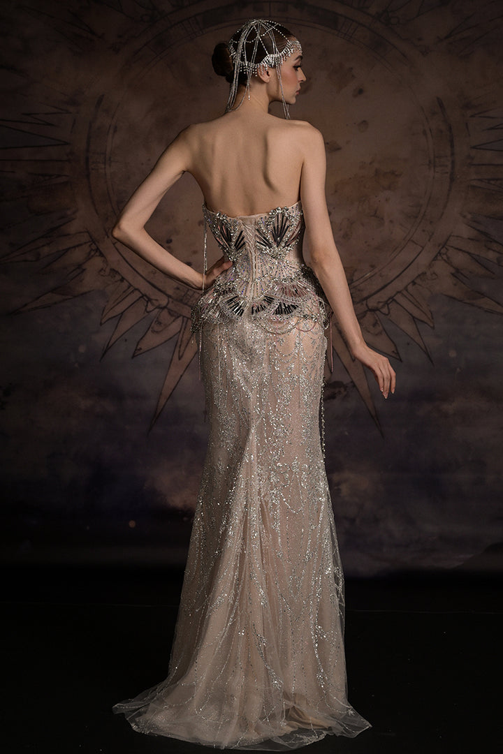 Strapless Art Deco Dress with Beaded Fringe Cape