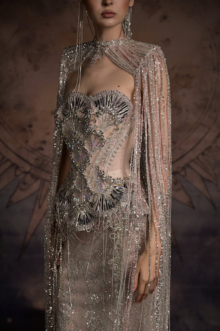 Strapless Art Deco Dress with Beaded Fringe Cape
