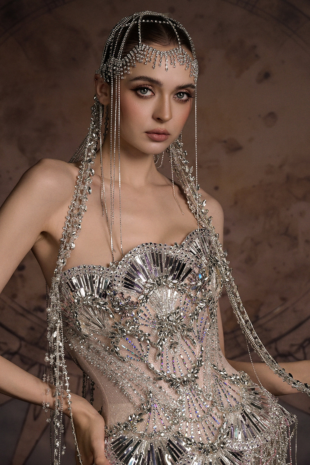 Strapless Art Deco Dress with Beaded Fringe Cape