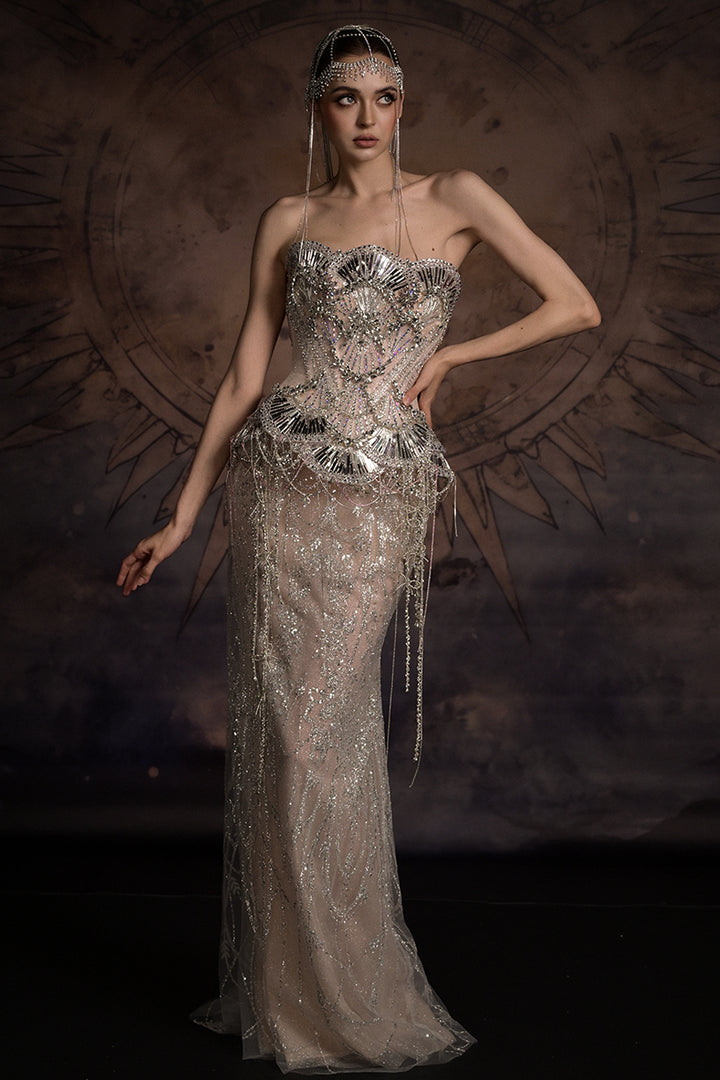 Strapless Art Deco Dress with Beaded Fringe Cape