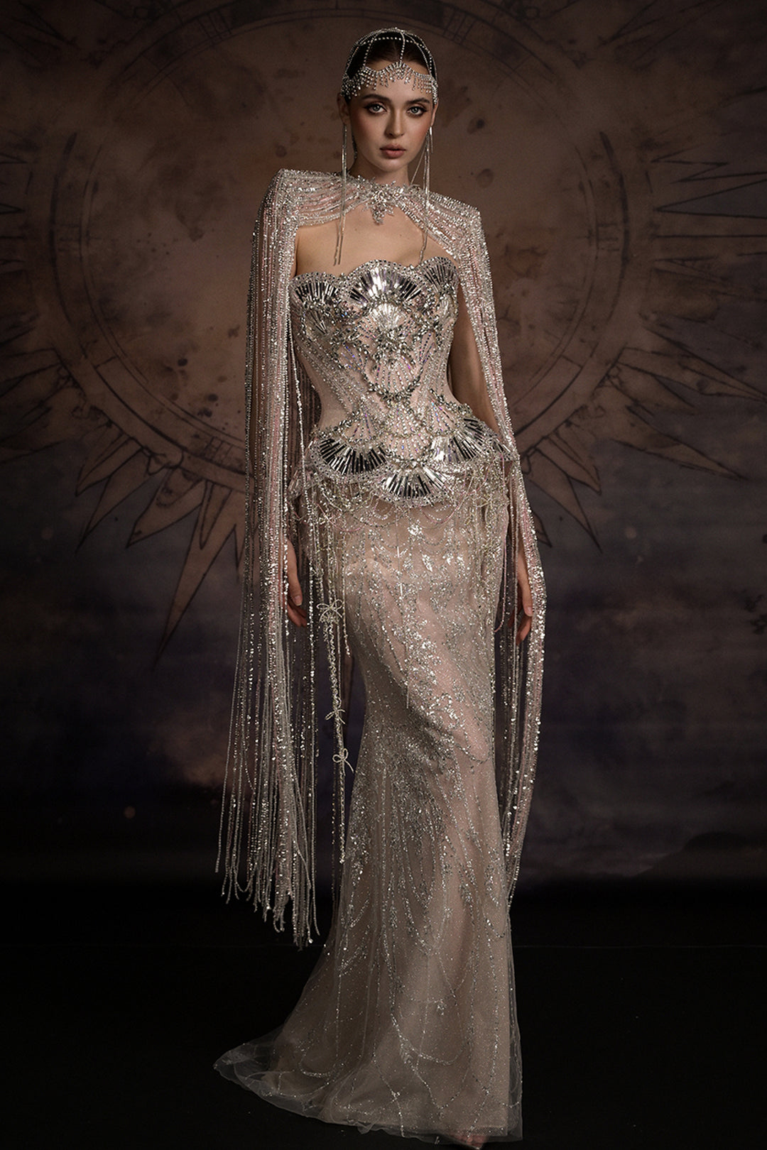 Strapless Art Deco Dress with Beaded Fringe Cape