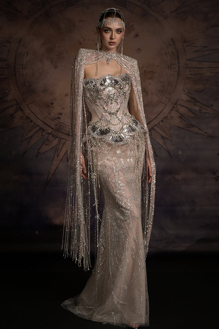 Strapless Art Deco Dress with Beaded Fringe Cape