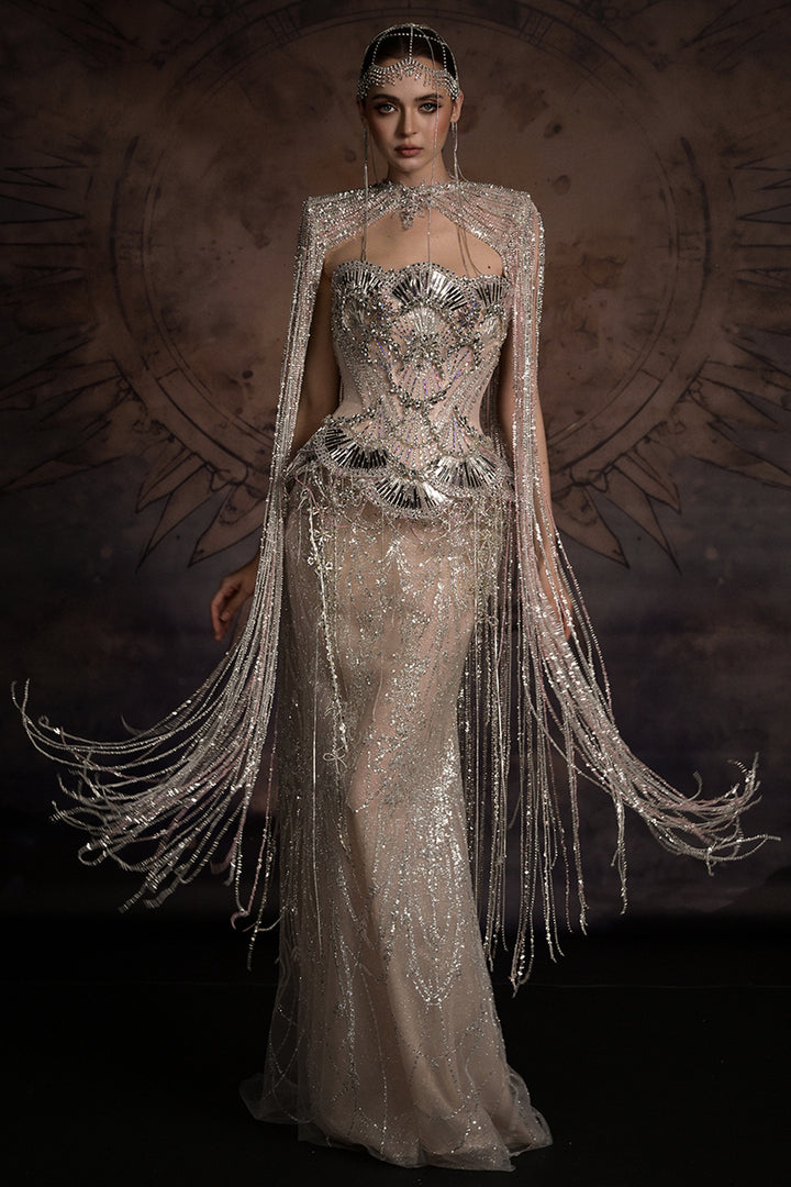 Strapless Art Deco Dress with Beaded Fringe Cape