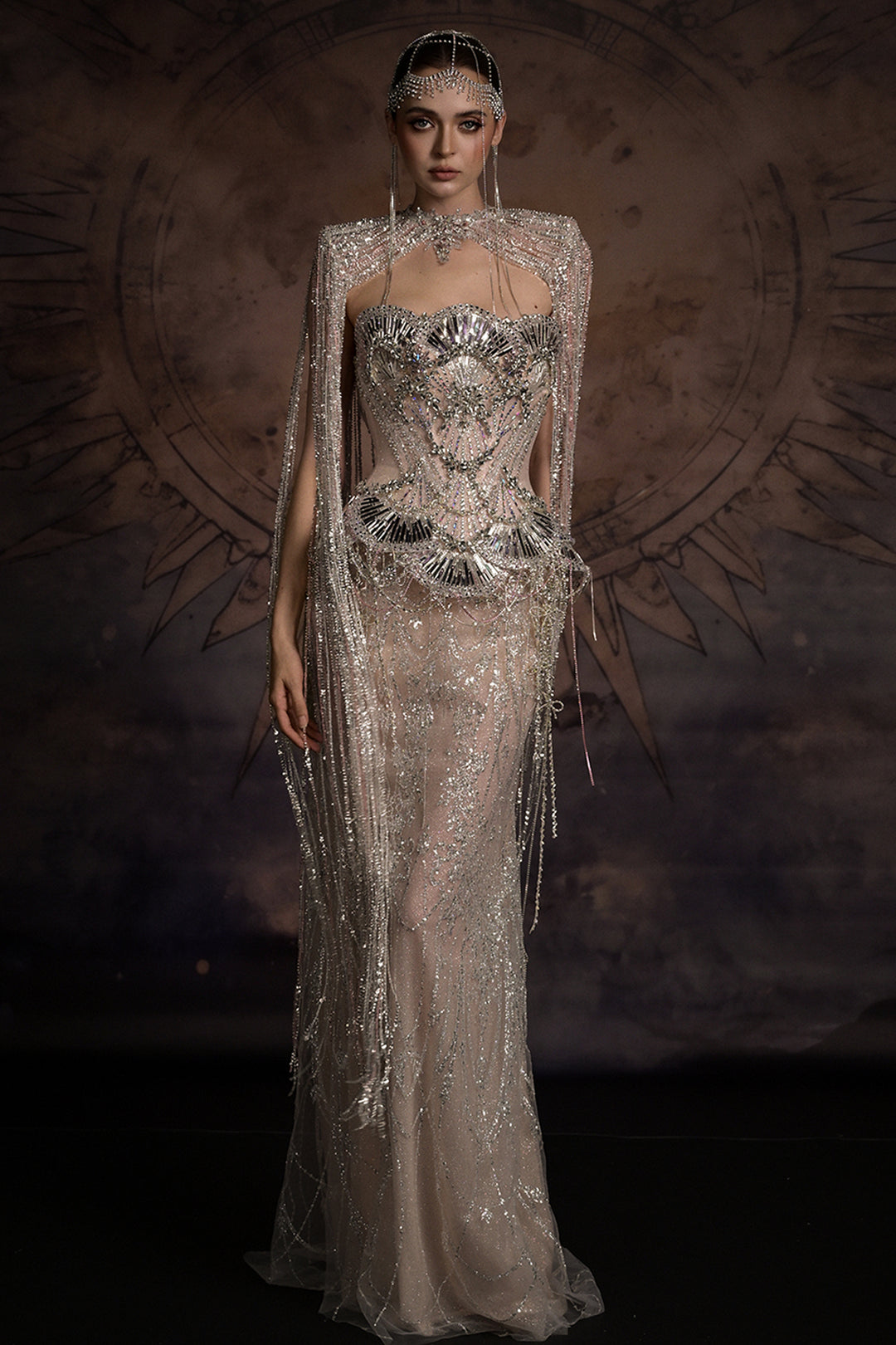 Strapless Art Deco Dress with Beaded Fringe Cape