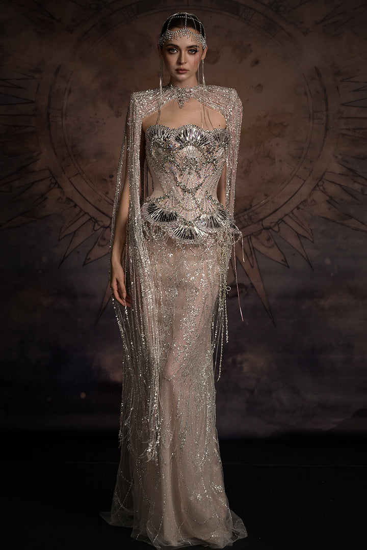 Strapless Art Deco Dress with Beaded Fringe Cape