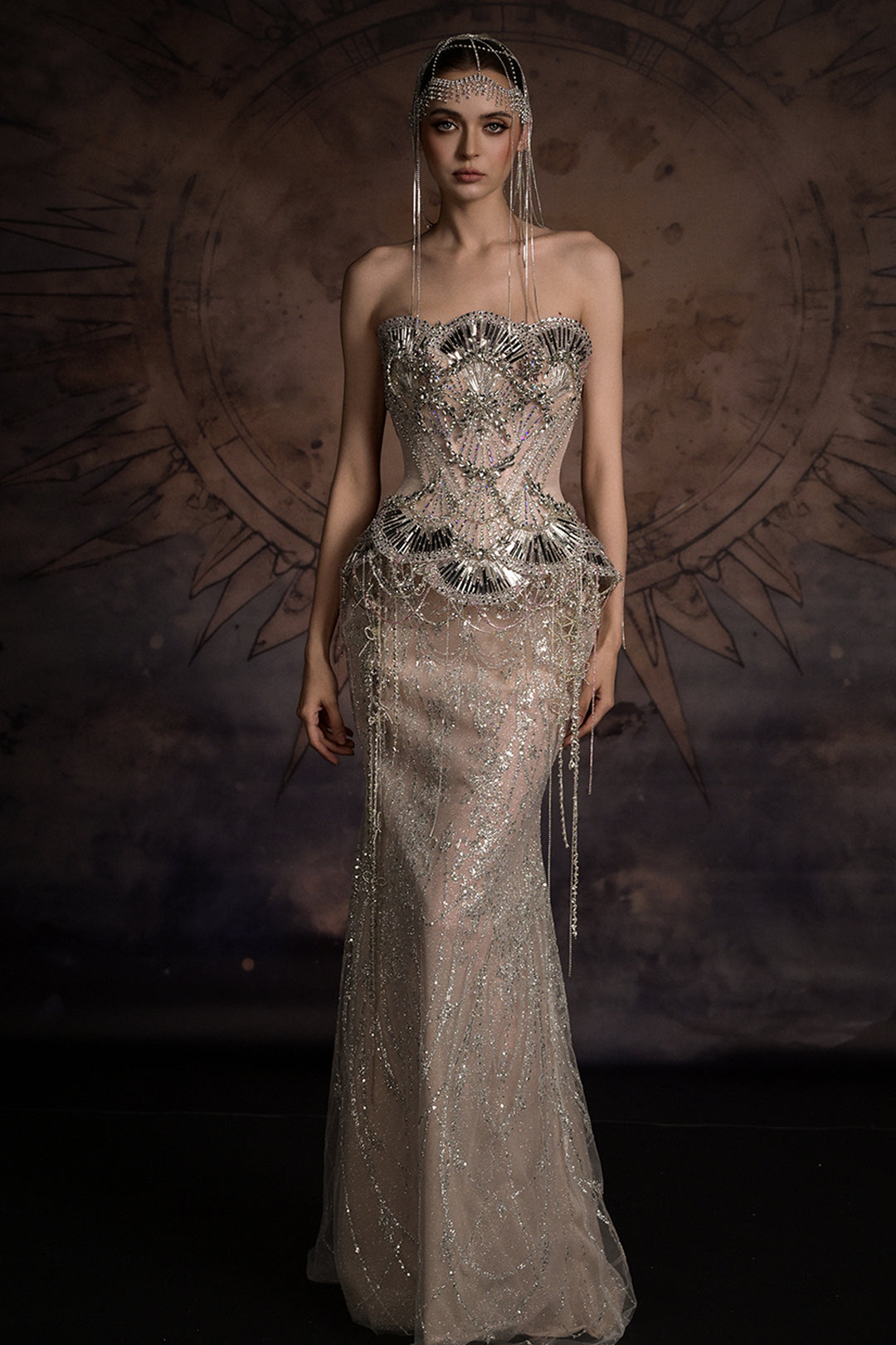 Strapless Art Deco Dress with Beaded Fringe Cape