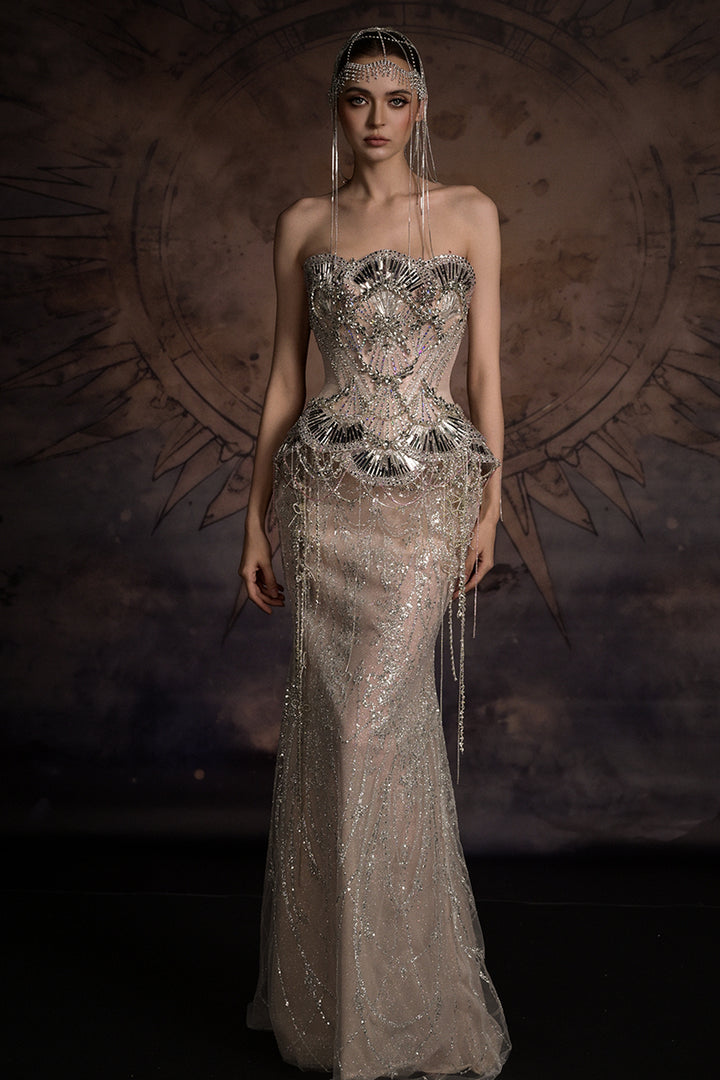 Strapless Art Deco Dress with Beaded Fringe Cape