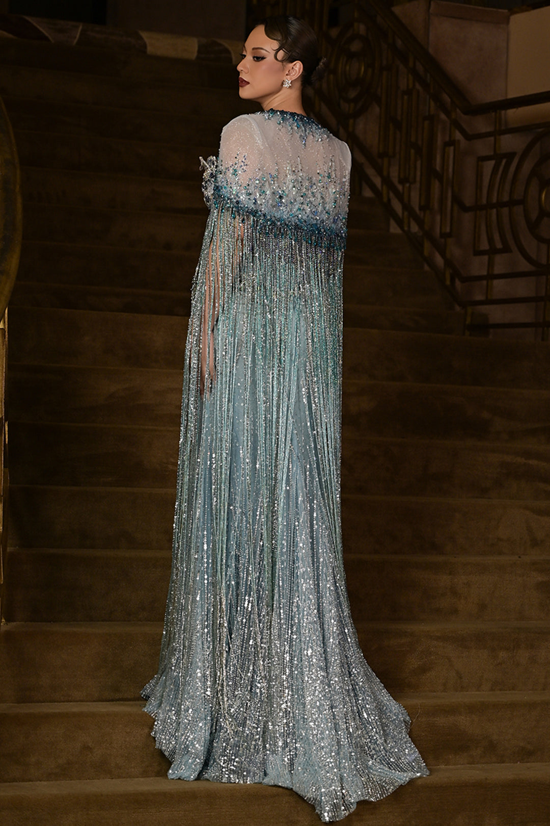 Peplum Sequin Dress with Beaded Fringe Cape