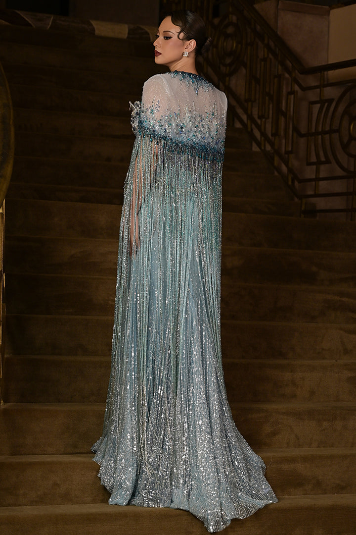 Peplum Sequin Dress with Beaded Fringe Cape