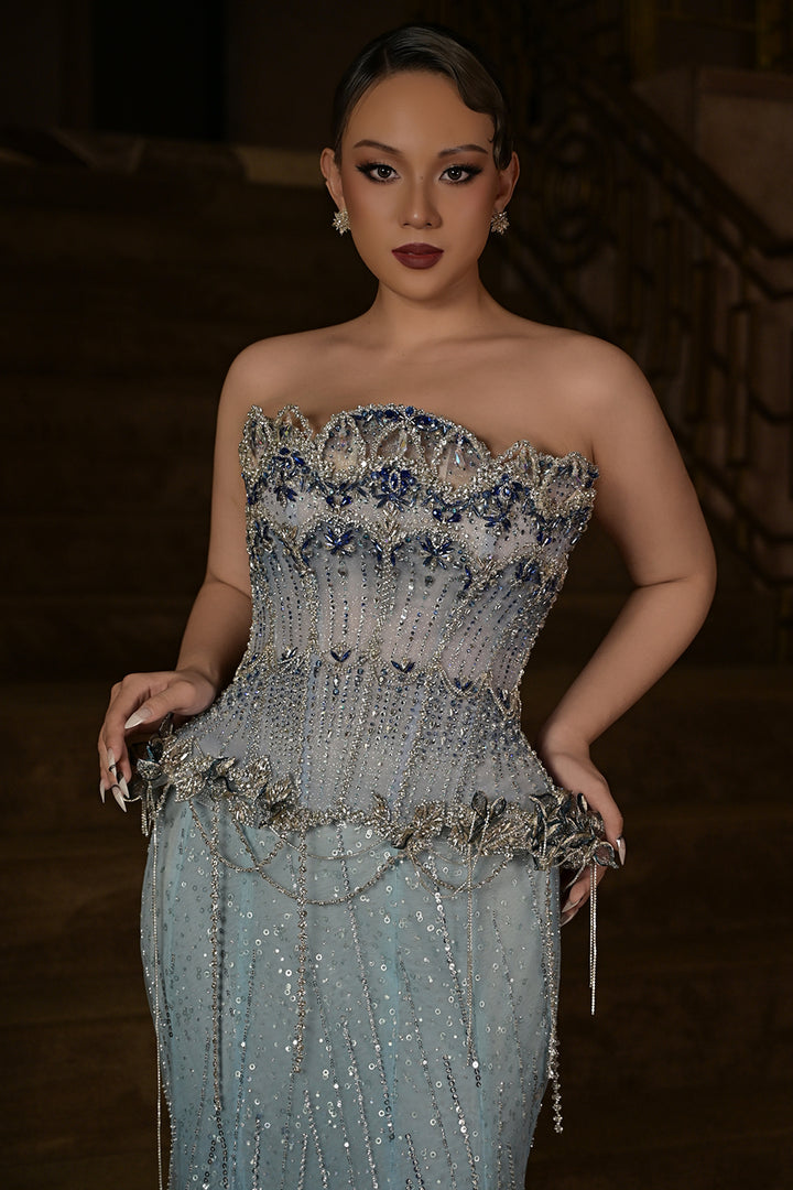 Peplum Sequin Dress with Beaded Fringe Cape