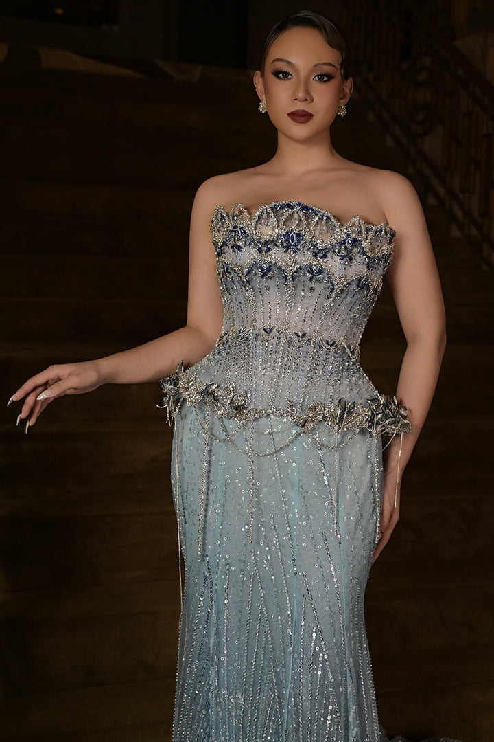 Peplum Sequin Dress with Beaded Fringe Cape