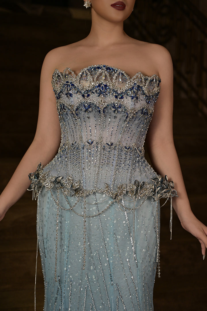 Peplum Sequin Dress with Beaded Fringe Cape