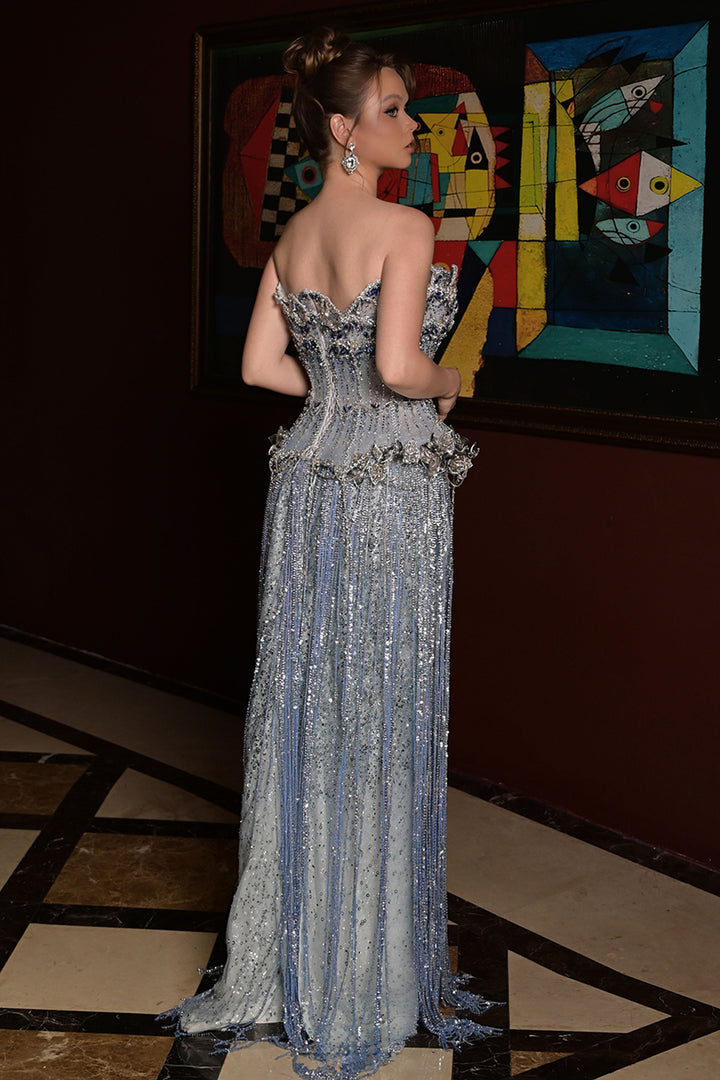 Strapless Corset Dress with Beaded Fringe