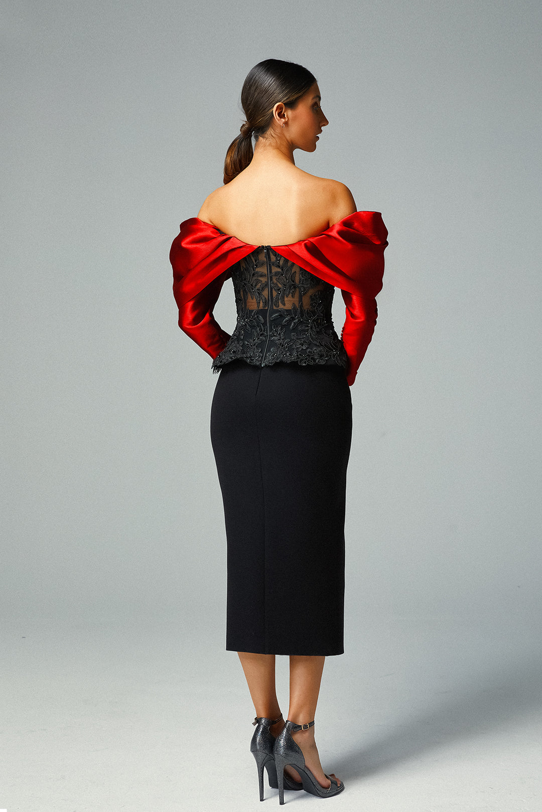 Off-The-Shoulder Corset Top With Crepe Midi Skirt