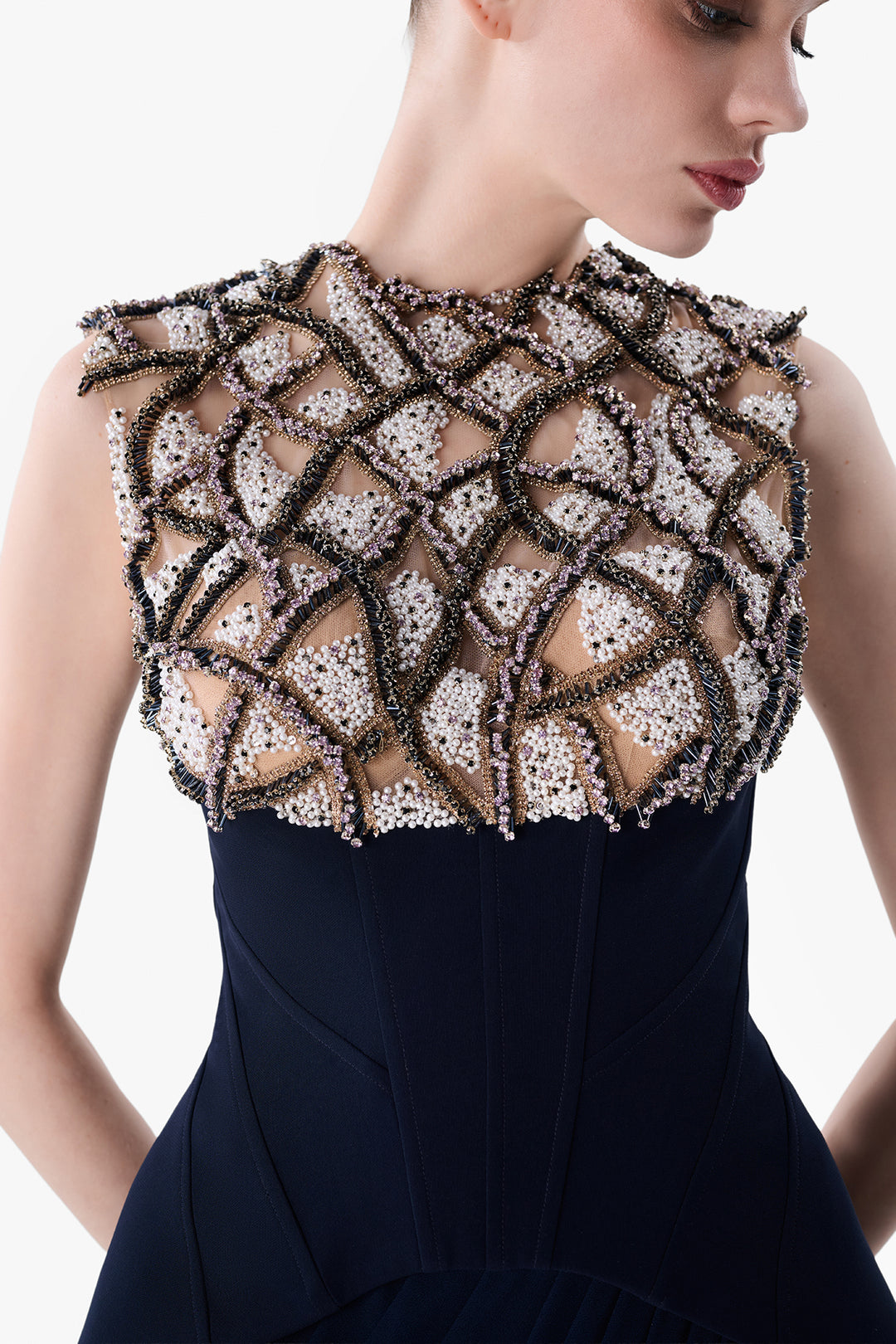 Embroidered Illusion Top with Draped Chiffon Skirt