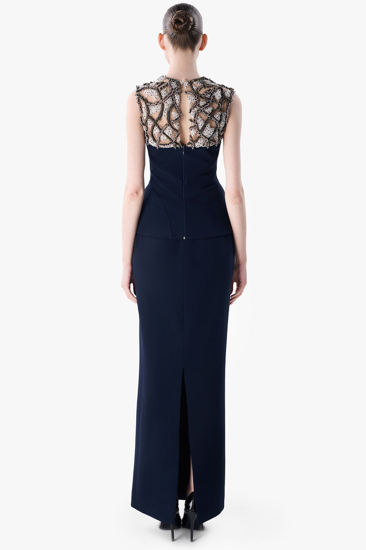 Embroidered Illusion Top with Crepe Skirt