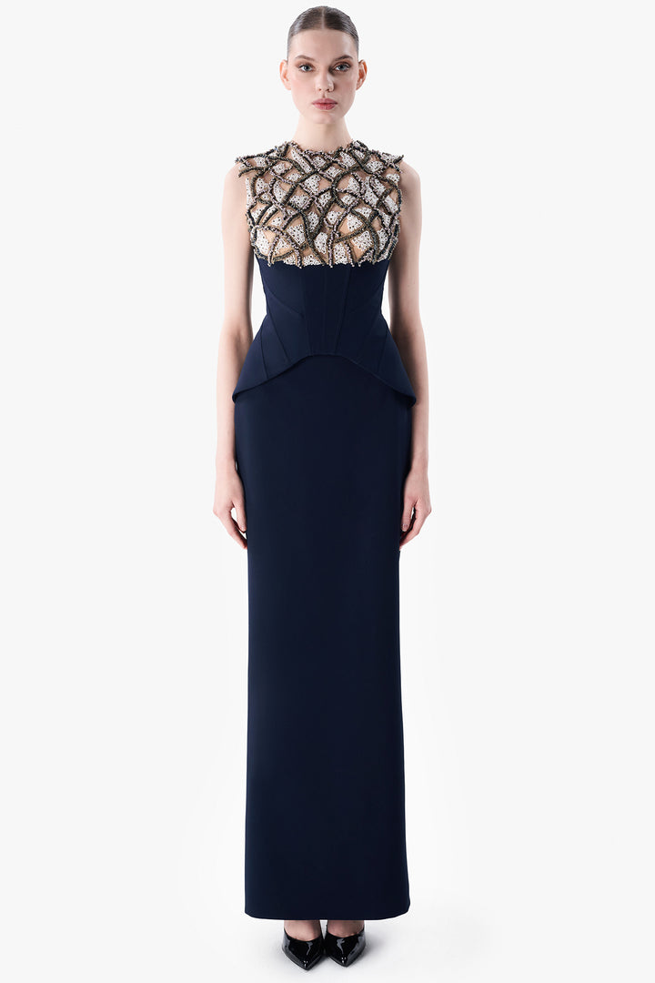 Embroidered Illusion Top with Crepe Skirt