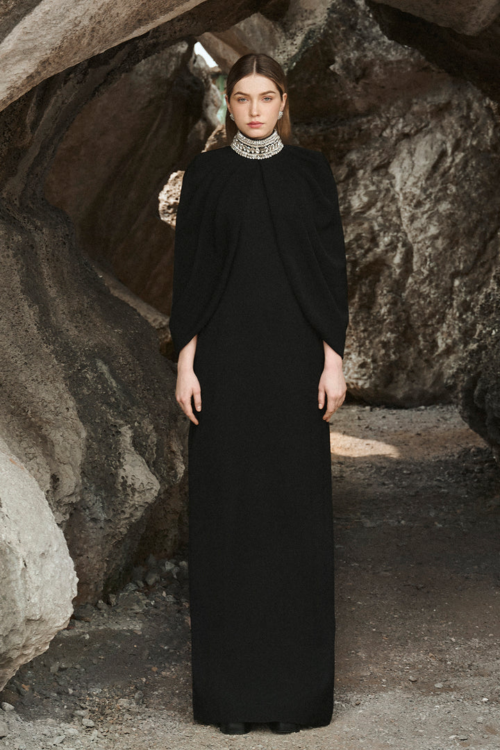 Long-Sleeved Dress with Stone Collar Cape