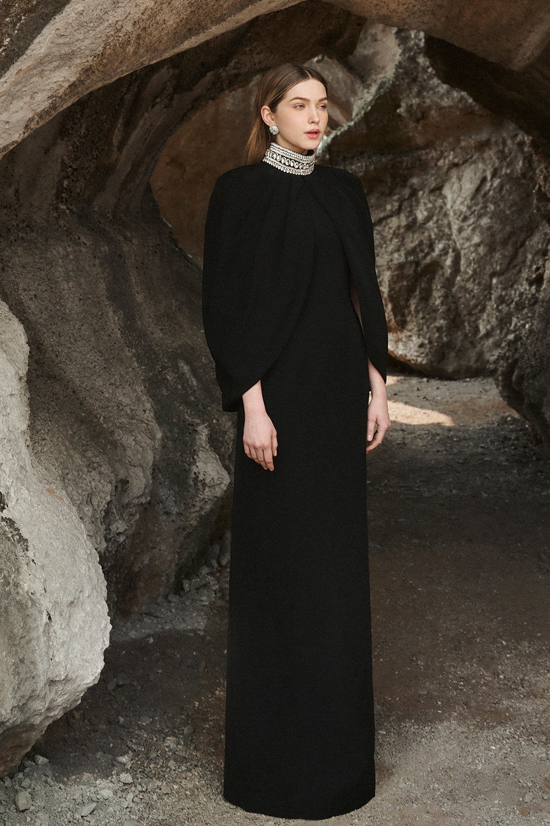 Long-Sleeved Dress with Stone Collar Cape