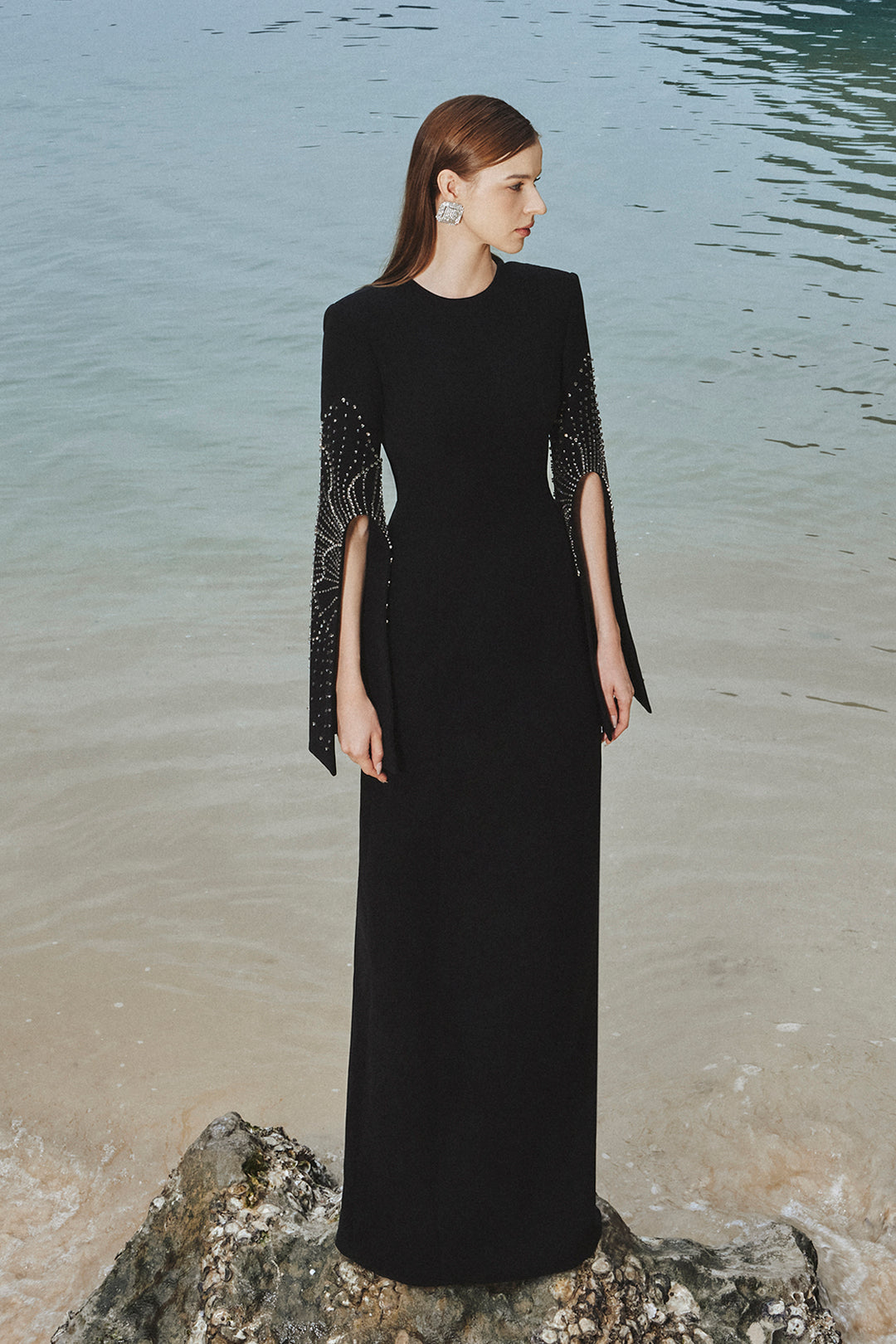 long sleeve column dress I.H.F COLUMN GOWN WITH LONG SLEEVES AND ATTACHED DRAPED ROSE