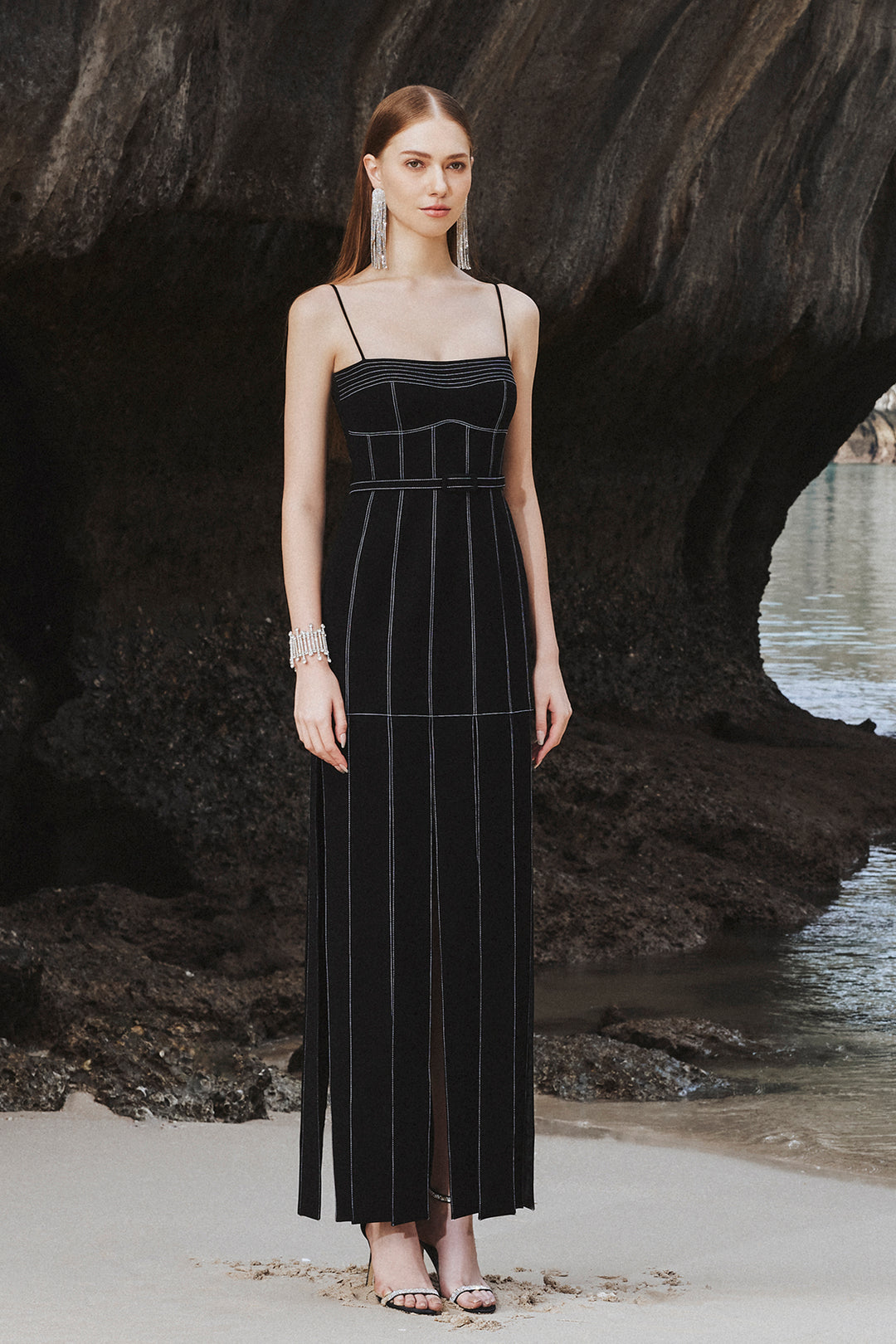 Midi Dress with A Multi Slit Skirt Black / FR 50 Midi Dress with A Multi Slit Skirt Black / FR 50