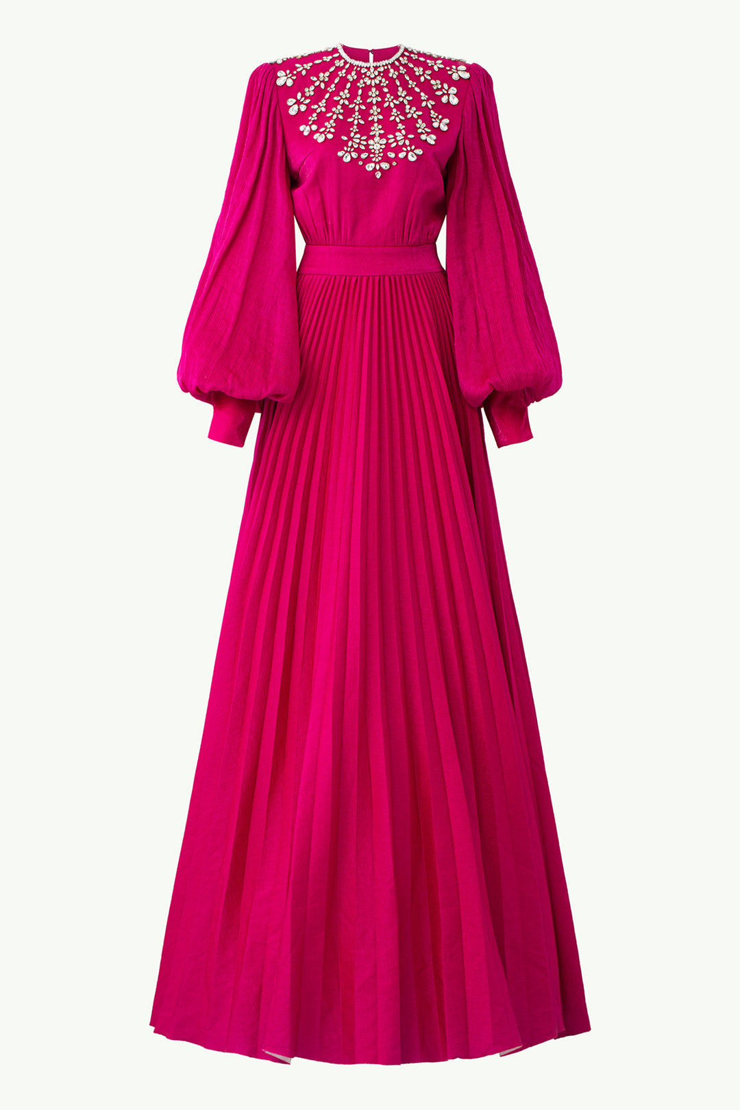 Long-Sleeved Pleated A-line Dress Fuchsia / FR 48