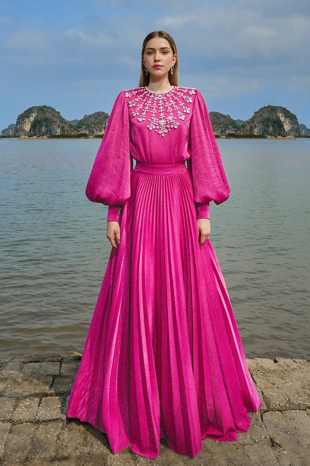 Long-Sleeved Pleated A-line Dress Fuchsia / FR 48
