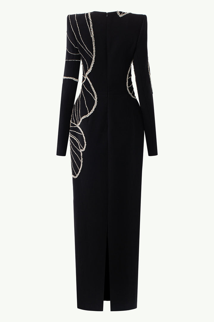 Long-Sleeved Midi Dress with Orchid Pattern