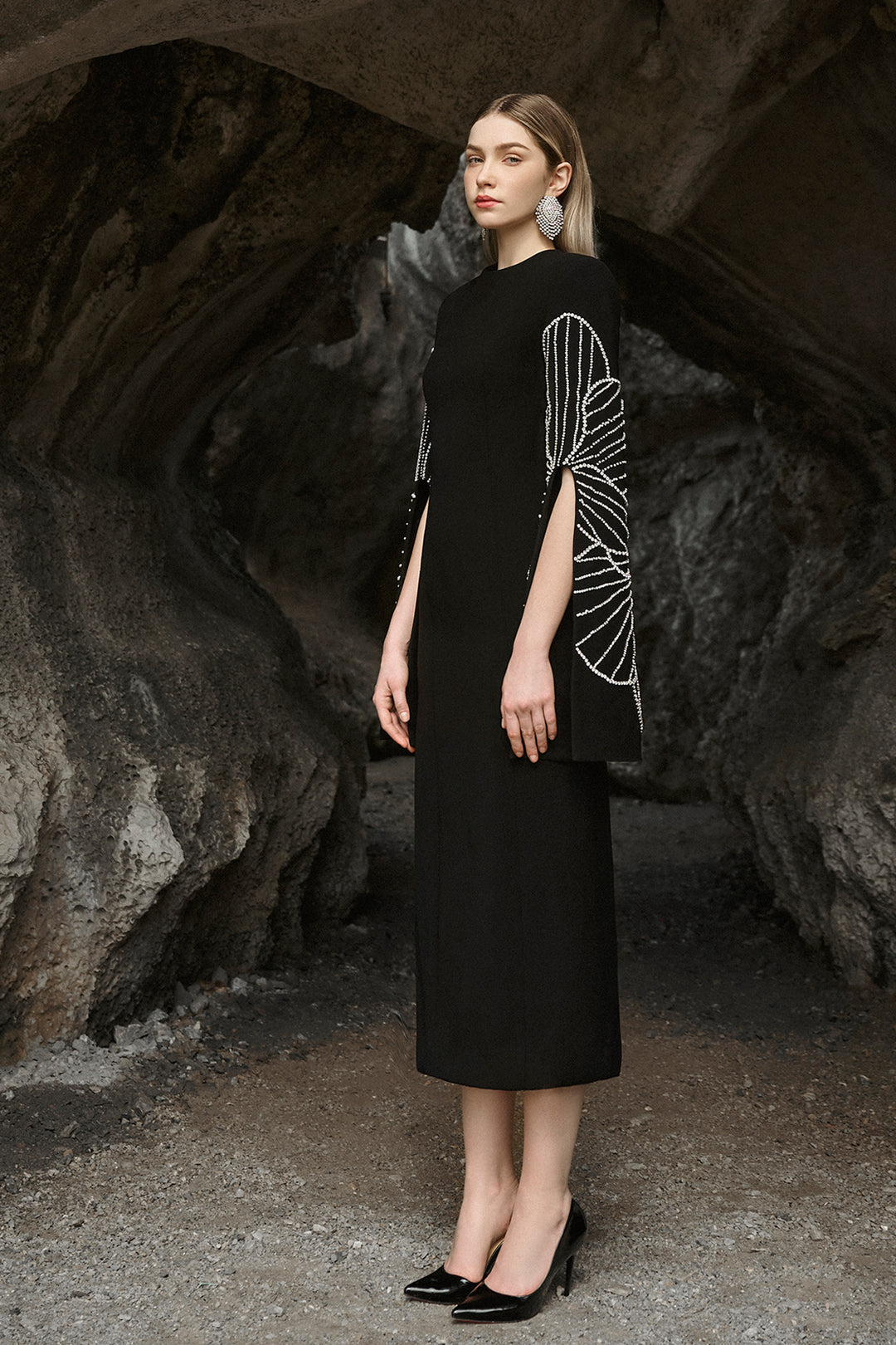 black embellished midi dress Cut Out Long Sleeve Mesh High Neck, Elara Midi Dress in Black, Size XL, For Cocktail