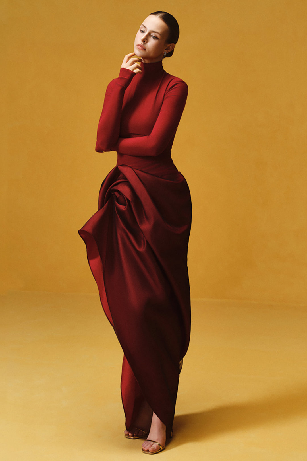 Long-Sleeved with Turtleneck Taffeta Dress