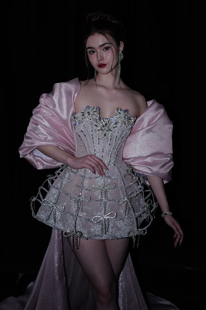 Short A-Line Dress with Sequinned Bodice and Cape