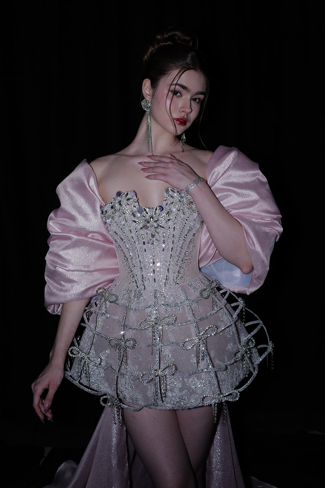 Short A-Line Dress with Sequinned Bodice and Cape