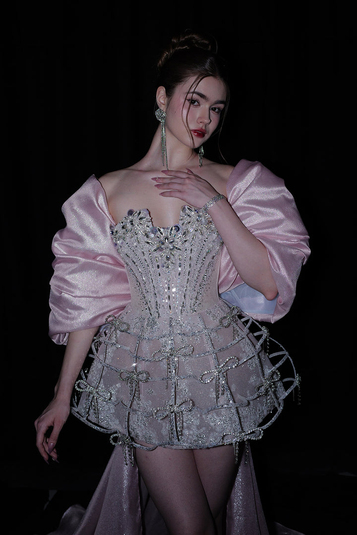 Short A-Line Dress with Sequinned Bodice and Cape