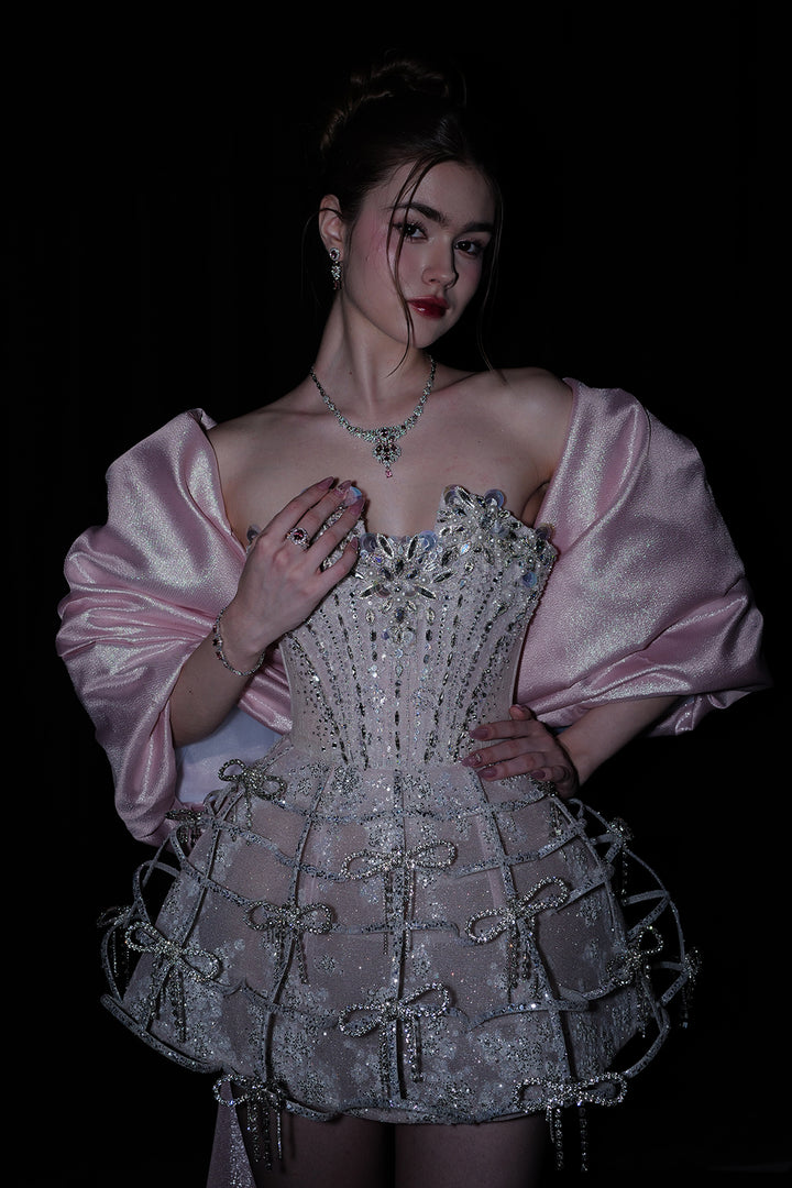 Short A-Line Dress with Sequinned Bodice and Cape