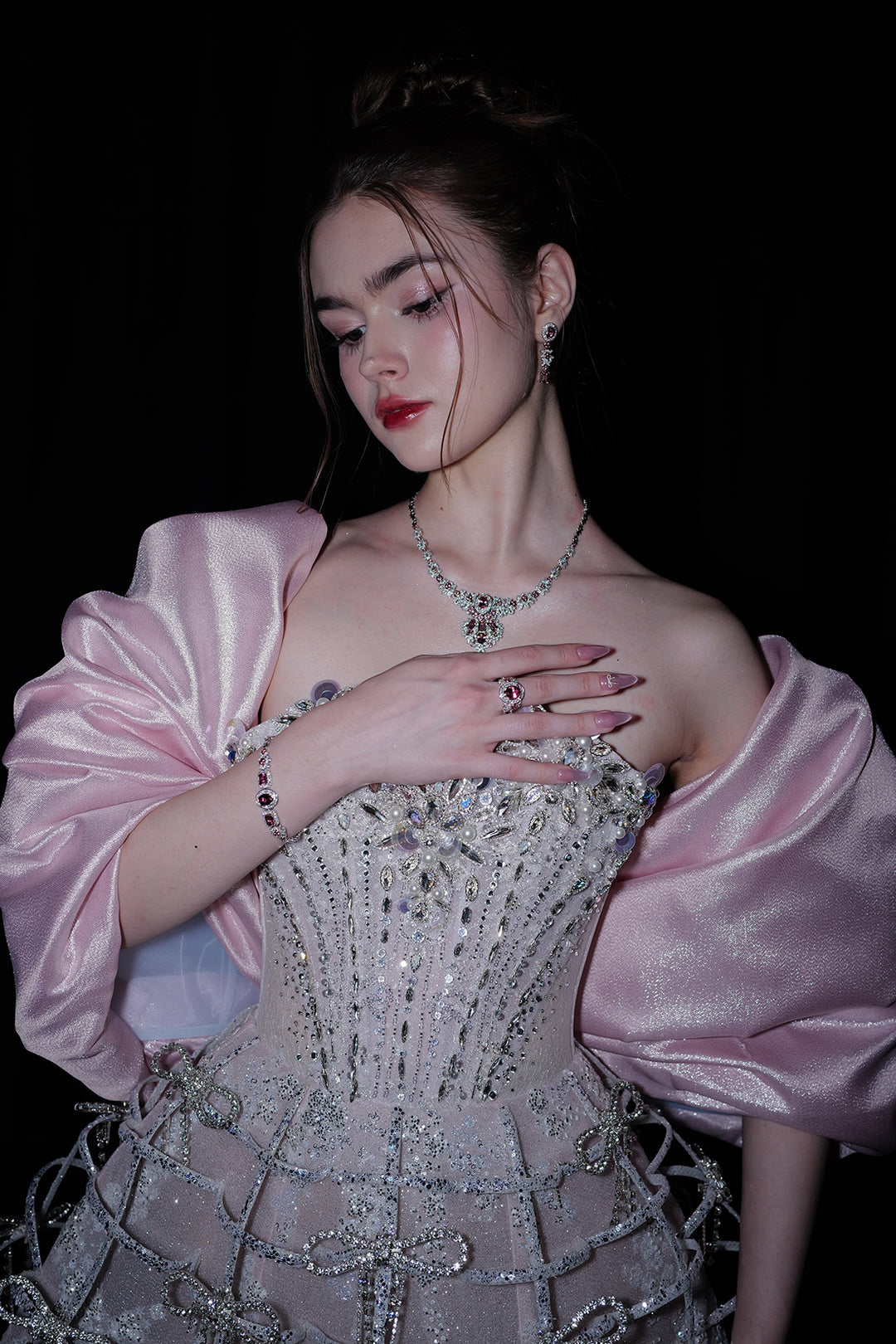 Short A-Line Dress with Sequinned Bodice and Cape