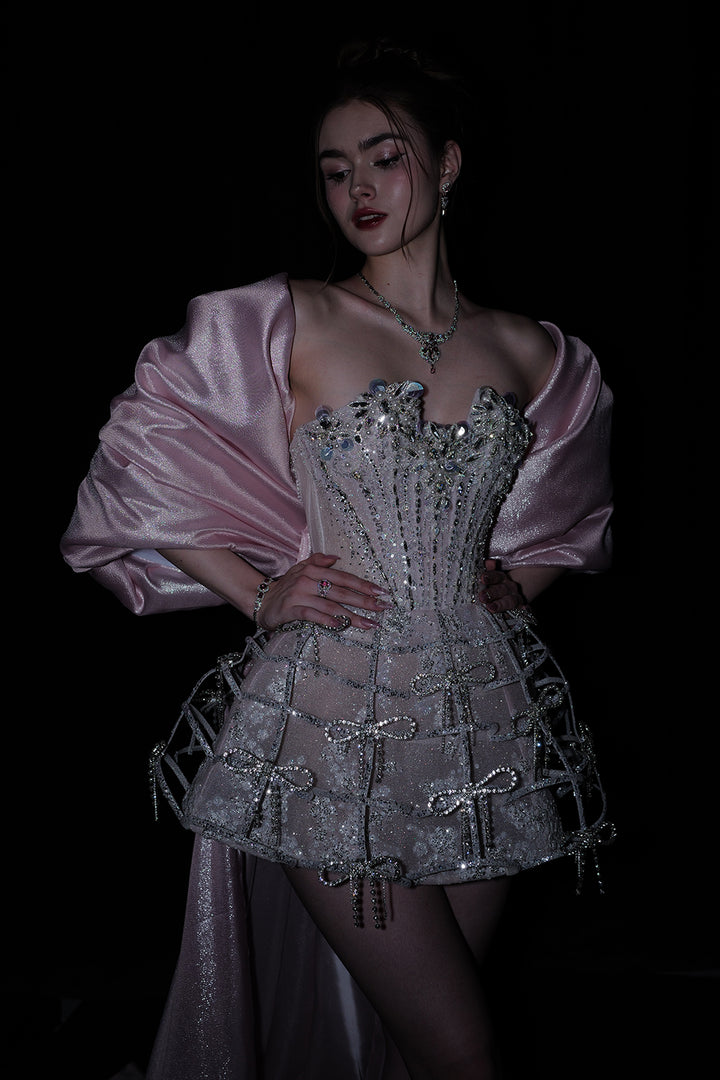 Short A-Line Dress with Sequinned Bodice and Cape