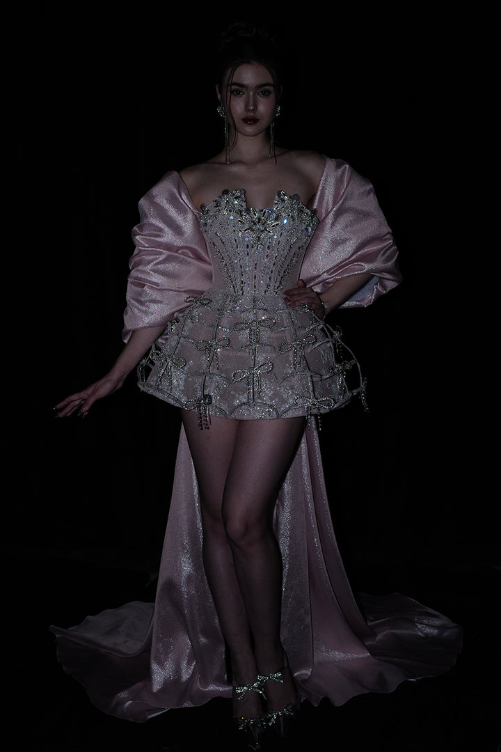 Short A-Line Dress with Sequinned Bodice and Cape